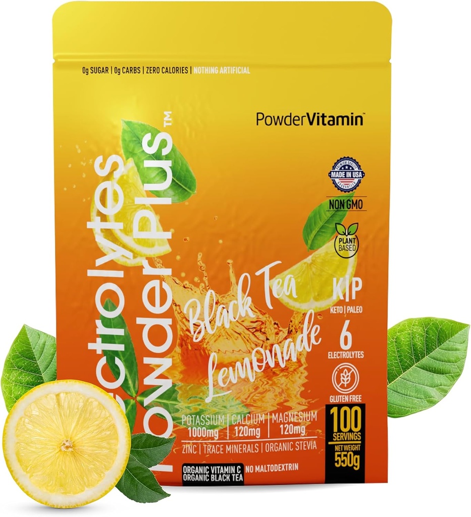 PowderVitamin Electrolytes Powder Plus (100 portioner) Black Tea Lemonade Electrolyte Powder Zero Calorie Keto,0 Sugar, No Maltodextrin,1000mg Potassium,120mg Calcium,120mg Magnesium, Hydration Powder