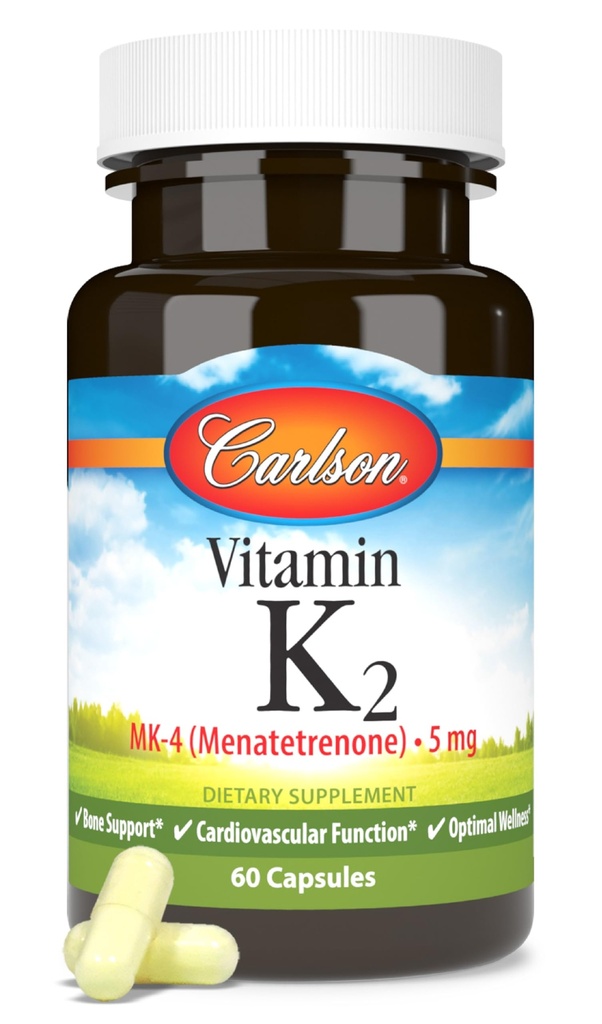 Carlson - K2-vitamiini, MK-4 (Menatetrenoni), K-vitamiinilisä, Bone & Heart Health, K2-vitamiini, soijaton, 60 kapselia