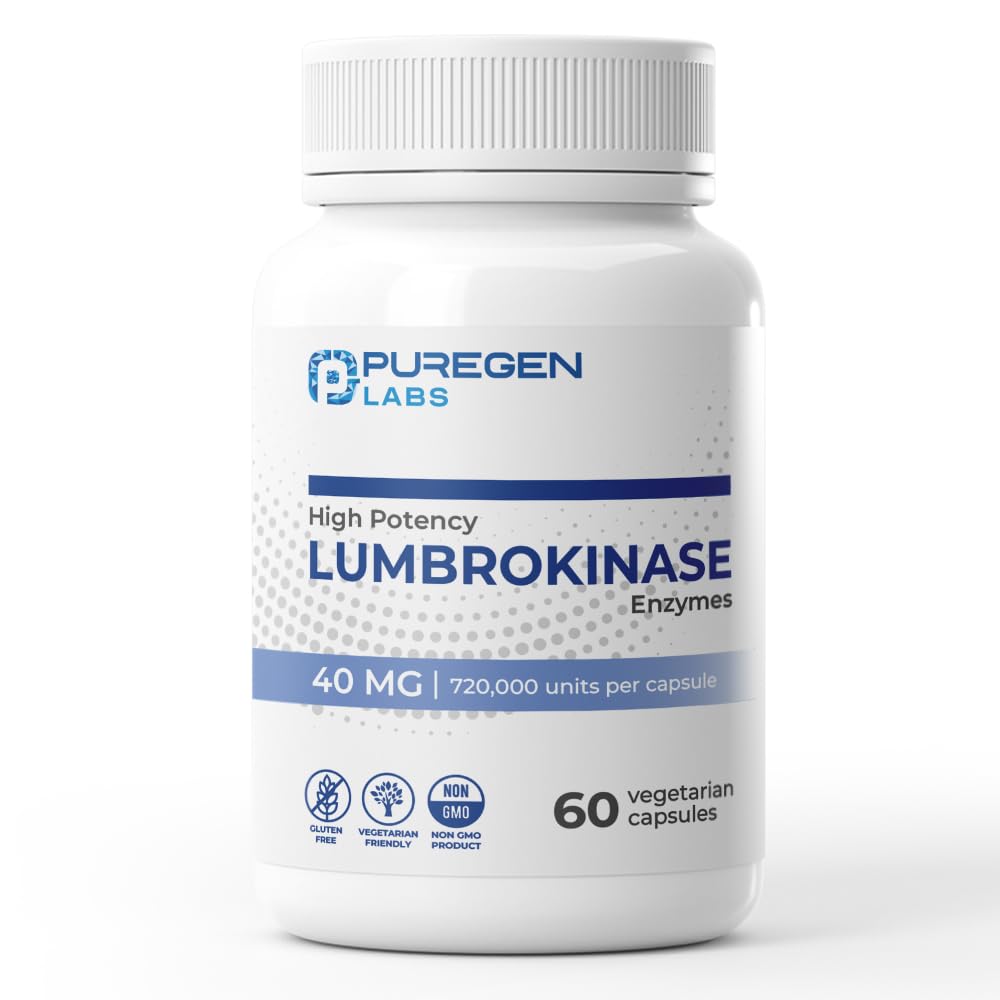 Puregen Labs Lumbrokinase 40mg per Capsule High Potency Supplement | High Activity Lumbrokinase Enzymes | No Harmful Additives | Non-GMO | Gluten Free | Made in USA - 60 Vegetariska kapslar