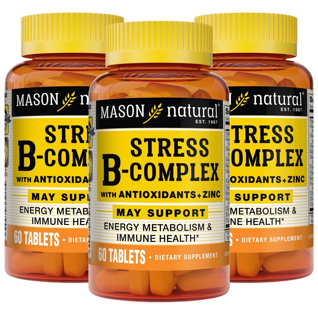 MASON NATURAL Stress B, Komplex med antioxidanter + Zink, 6 månaders leverans, Dual Action Formel, Stöder Energi Metabolism & Immunhälsa, 3 Pack