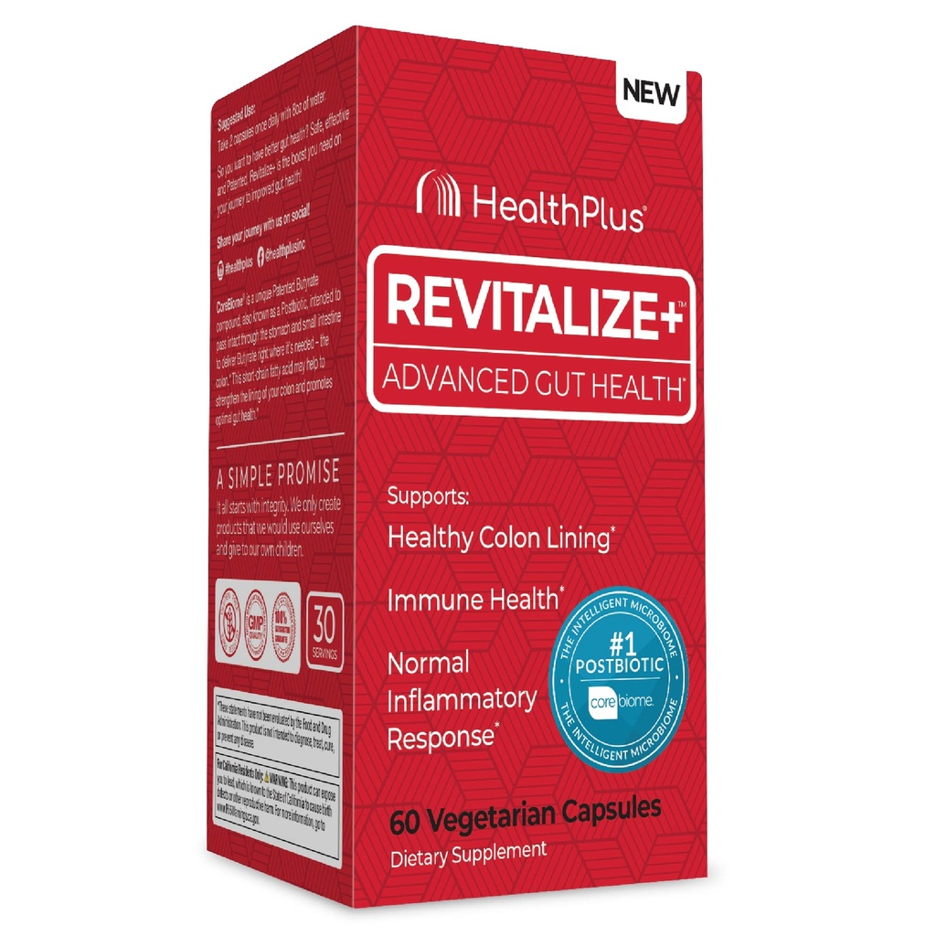 Health Plus Revitalize+ Corebiome Tributyrin Postbiootit täydellisen Ruoansulatuskanavan, Vuotava Gut, Colon Gut Health täydentää miesten ja naisten 60 kapselia, 30 tarjoilua