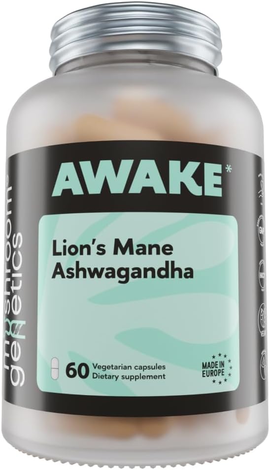 Mushroom Genetics Lions Mane & Ashwagandha Supplement Capsules - Nootropic Mushroom för hjärna, minne och stressavlastning | Fruktning Body & Ashwagandha Root för fokus, energi och välbefinnande | 60 kapslar