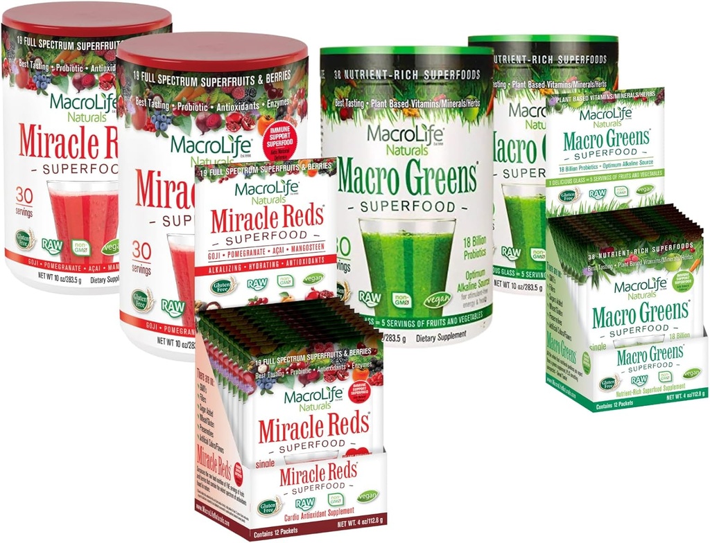 MacroLife Survivor 6- Count Bundle, 2 Macro Greens 10oz +1 Packet Box (12ct), 2 Miracle Reds 10oz +1 Packet Box (12ct)