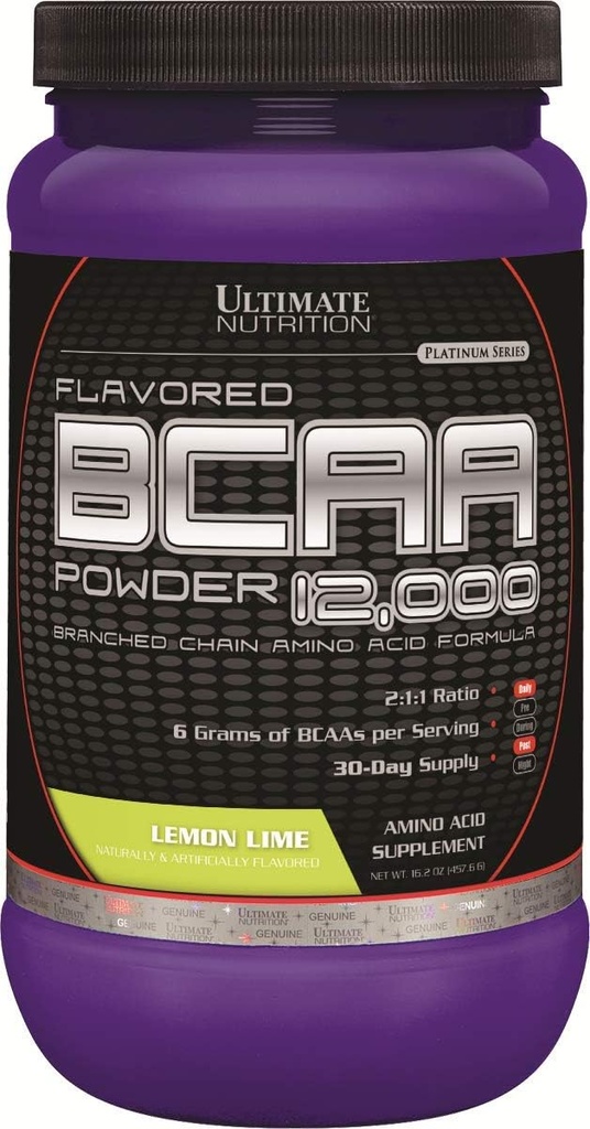 Ultimate Nutrition Flavored BCAA Powder 12000, Post Treout Recovery Drink, 3g Leucine 1,5g Valine 1,5g Isoleucine, Branch Chain Aminohapot täydentää lihasten hyödyntämistä, 60 tarjoiluja, sitruunan limetti