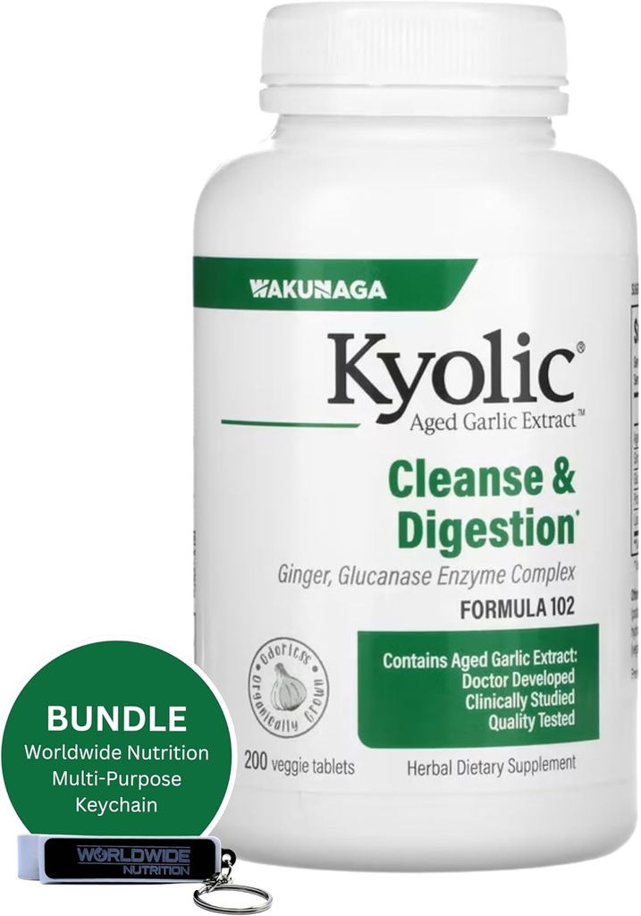 Worldwide Nutrition Bundle: Kyolic Aged Garlic Extract 200 Veggie Tablets Formel 102 Cleanse & Digestion - Berikad med Garlic Ginger Supplement - 200 grejer med Multi-Purpose Key Chain