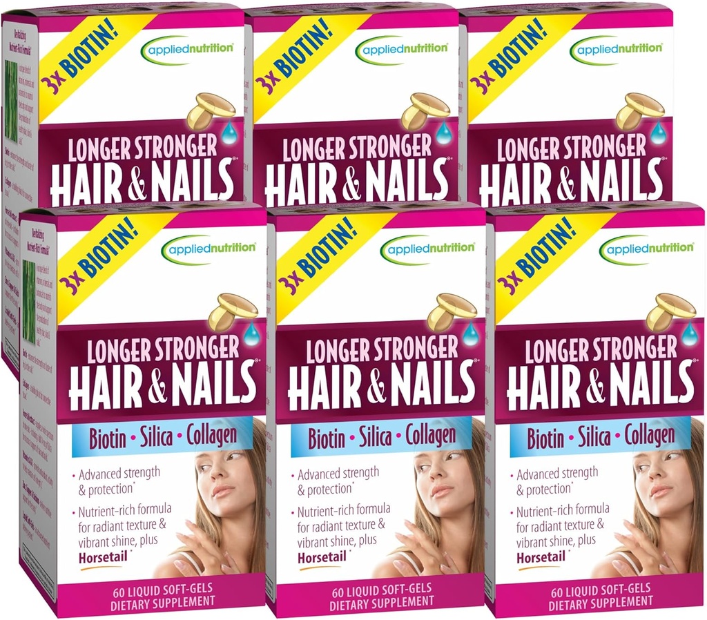 Tillämpad näring Längre starkare hår & naglar - 60 flytande mjuka hjul, pack av 6 - Biotin, Silica & Collagen - 180 portioner