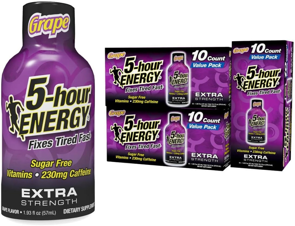 5-timmars ENERGY Extra Strength Energy Shot, Grape Flavor, 30 Count, 1,93 oz., Zero Calories & Sugar-Free 230 mg Caffeinated Energy Shot, Amino Acids & B Vitamins, Kosttillskott
