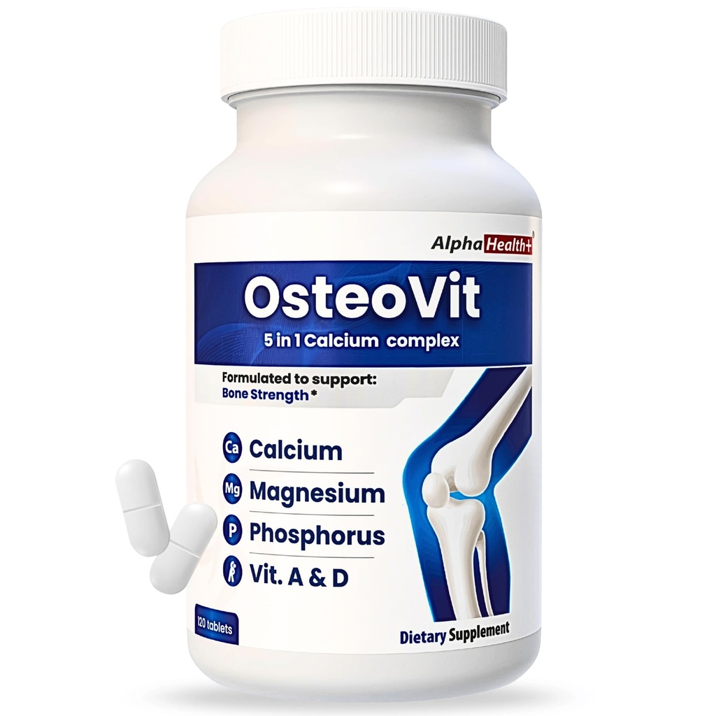 OsteoVit 5-in-1 Kalsium 120 tablettia Multivitamiini: Kalsium, magnesium, fosfori, D3-vitamiini ja A-vitamiini - Luun vahvuus ja joustavuus*, ei-GMO: n gluteeniton kalsiumlisä naisille ja miehille D-vitamiinilla