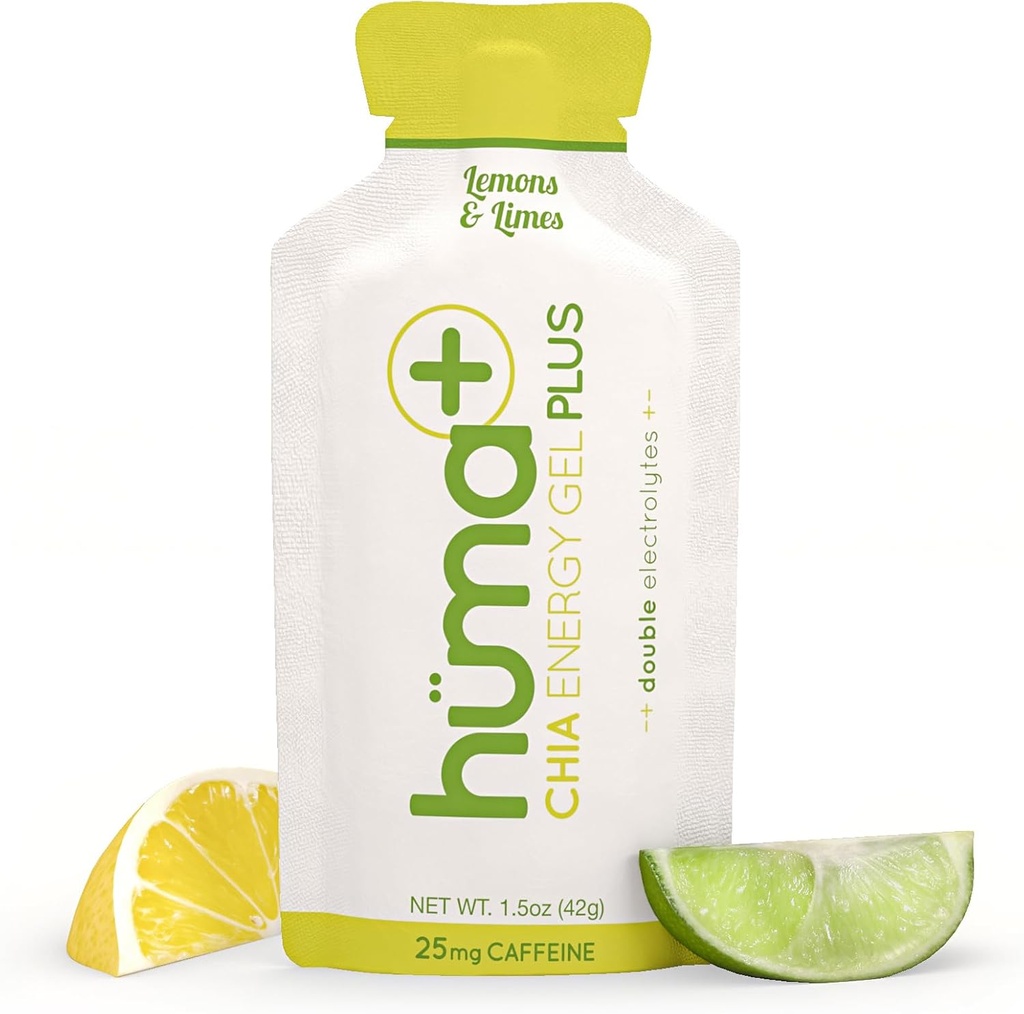Huma Plus (double Electrolytes) - Chia Energy Gel, sitruunan lime, 24 geeliä, 25 mg kofeiini - vatsa Friendly, Real Food Energy Gels