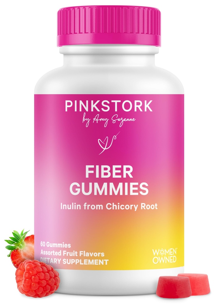 Rosa Stork Prenatal Fiber Gummies för kvinnor - 3g Prebiotic Inulin från Chicory Root - Naturlig Graviditet & Postpartum Stool Softeners för förstoppning & Digestive Health - 60 Vegan Fiber Chews