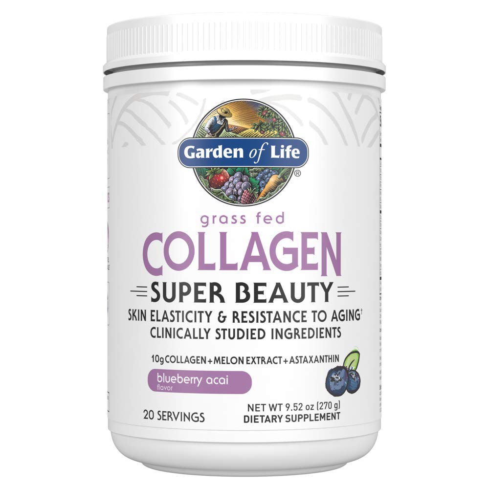 Garden of Life Grass Fed Collagen Super Beauty Powder - Blueberry Acai, 20 portioner, för kvinnor Skin Hair Nails Joints, Collagen Peptides Powder + Protein kosttillskott