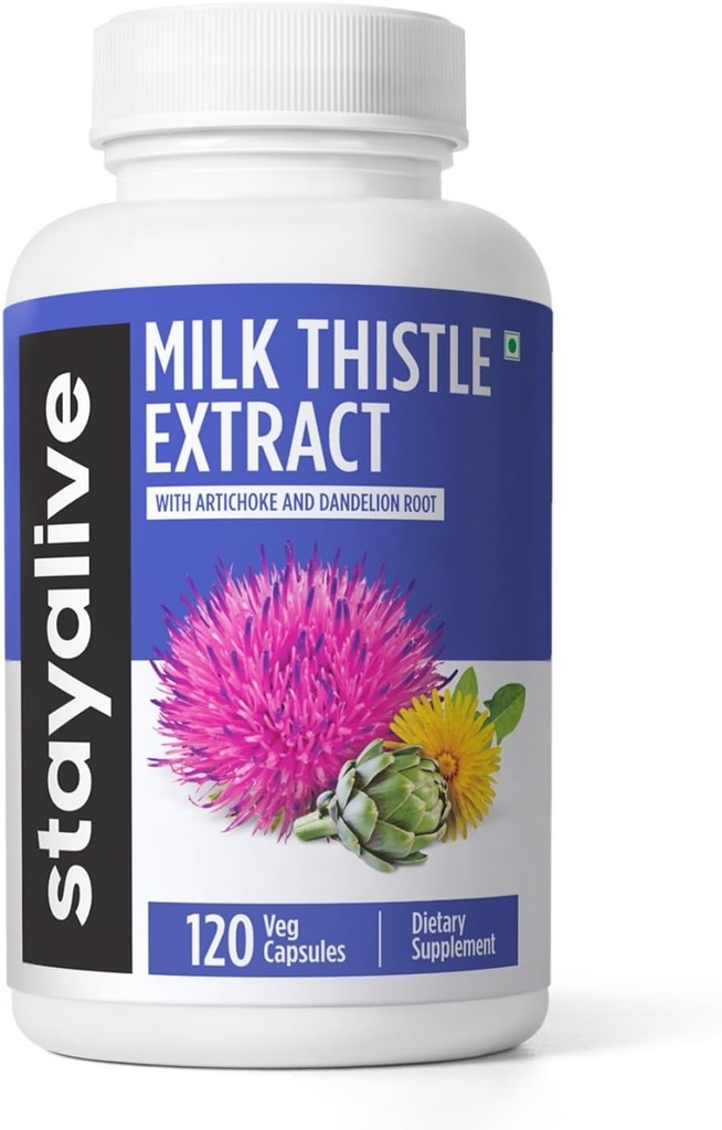 STAY ALIVE Milk Thistle Supplement with Voikukan juuri- ja artisokkauute, 80% Silymarin Complex, 120 pilleriä, 100% Pure Artichoke Leaf Extract Powder, non-GMO & Gluteenittomat kasviperäisiä kapseleita