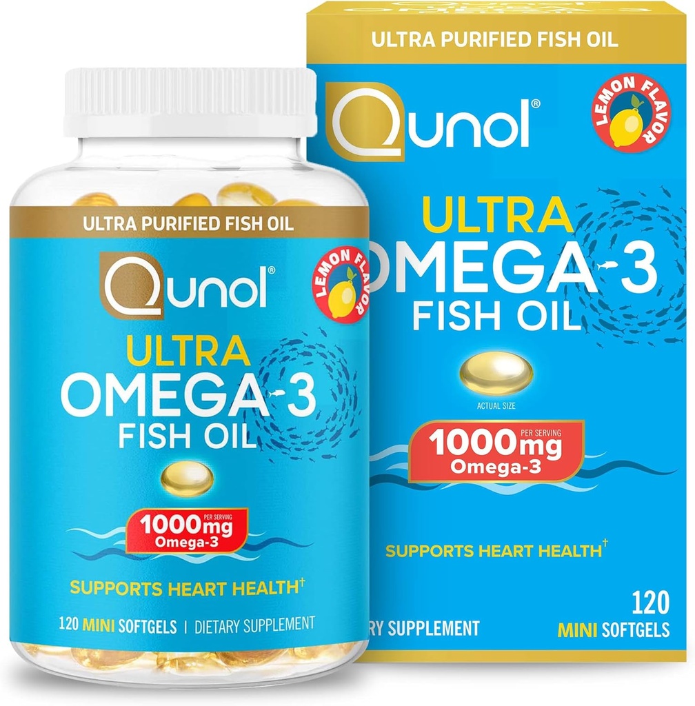 Qunol Omega 3 Fish Oil Mini Softgels, 1000mg Ultra Pure Fish Oil, Heart Health Support, Omega 3 DHA Lisäravinteet, sitruunamaku, 2 kuukauden tarjonta, 120
