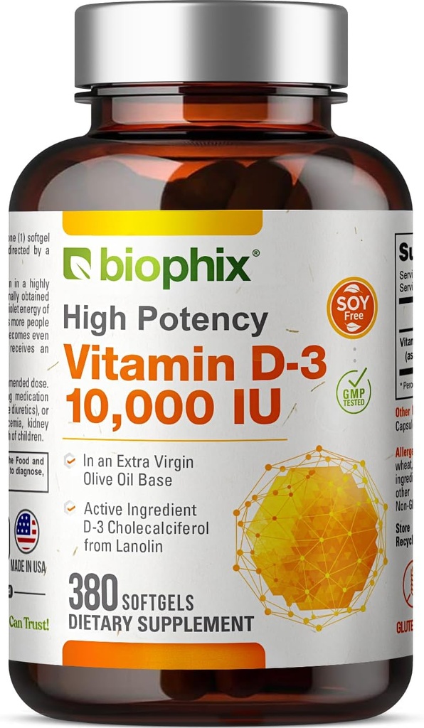 biophix-vitamiini D-3 10000 IU 380 Softgels - Korkea teho ekstra-neitsytoliiviöljyssä ei-GMO soija-vapaa tukee vahva luut Immunoterveys