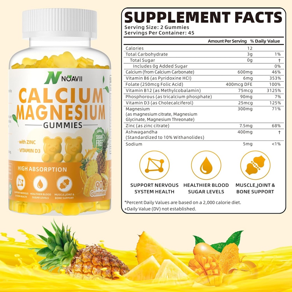 Kalcium Magnesium Zink Gummies med vitamin D3, ashwagandha Supplement - High Potency Enhanced Absorption - Pineapple Flavor-90 Count