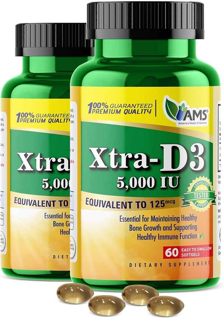 Amerika Medic & Science Xtra D3 Vitamin D 5 000 IE (125 mcg) Kolekalciferol Supplement för Män & Kvinnor (120Easy till Swallow Softgels) 2pack|Bäst för Ben, Hjärthälsa, Immunsystem Support, Lung Funktion