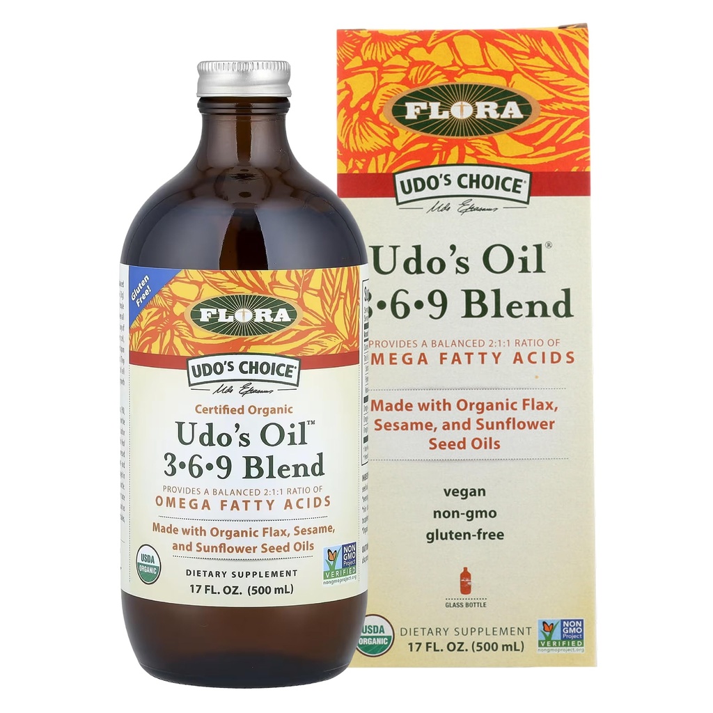 Flora Udo's Oil 3-6-9 Blend - Vegan Omega-3 & Omega-6 Oil - Sisältää Organic Coconut Oil, Flax Seed Oil & More - Pidä kylmänä - 17 fl. oz.