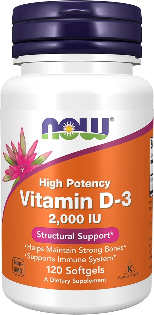 Nyt Ruoka Now Ruoka D- 3, 50 mikrog (2 000 IU), 120 Softgels, 3 pakkaus
