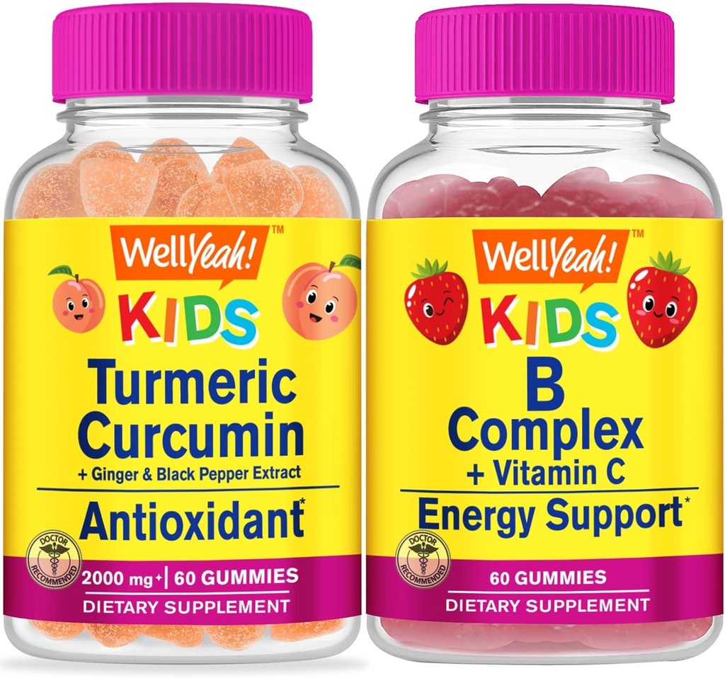 WellYeah Turmeric Curcumin Kids + B Complex Kids, Gummies Bundle - suuri maistaminen, vitamiini täydentää, gluteeniton, GMO-vapaa, purukumi