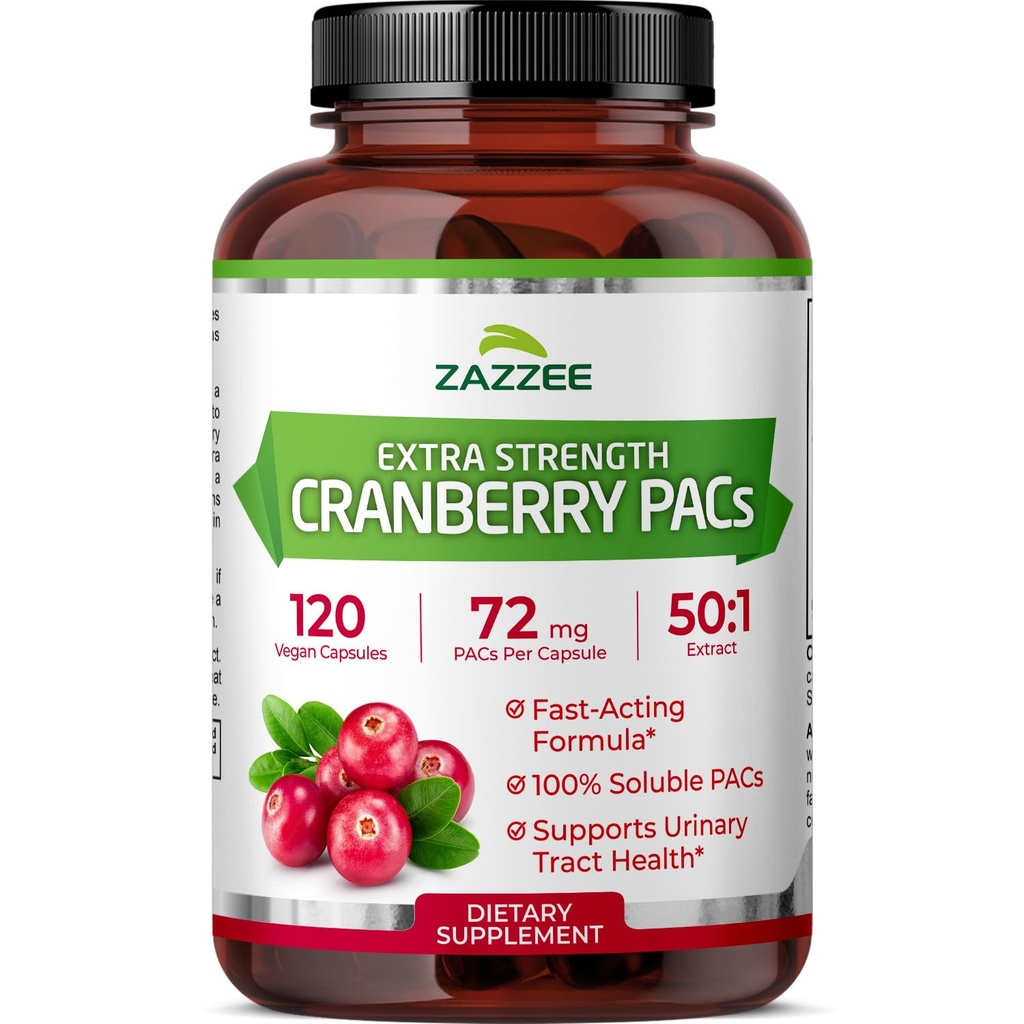 Zazzee Cranberry PACs, 72 mg PACs per kapseli, 2X Vahvuus, 100% Liukoinen, 120 Vegaanikapselia, 50:1 uute, 18200 mg Vahvuus, nopeatoiminen, tehokas virtsatietuki, valmistettu Yhdysvalloissa
