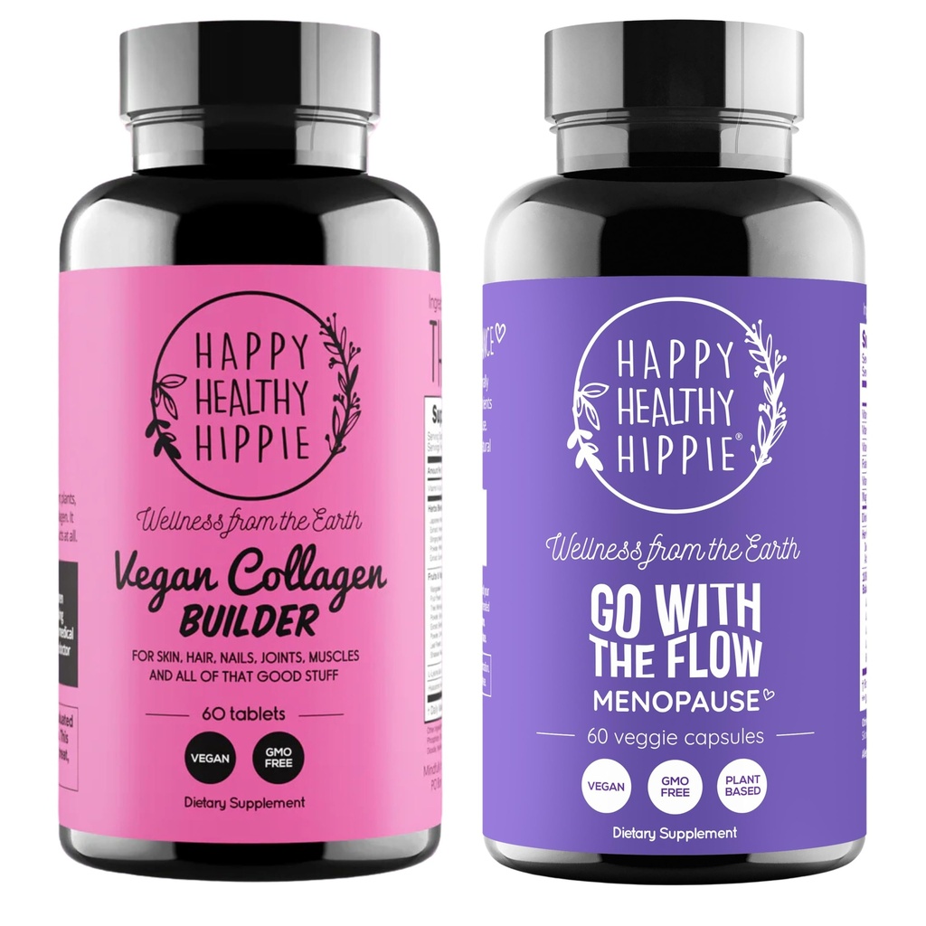 Hyvää tervettä Hippiä Virtaus Menopause Tuki & Vegan Collagen Builder Collagen Pillerit