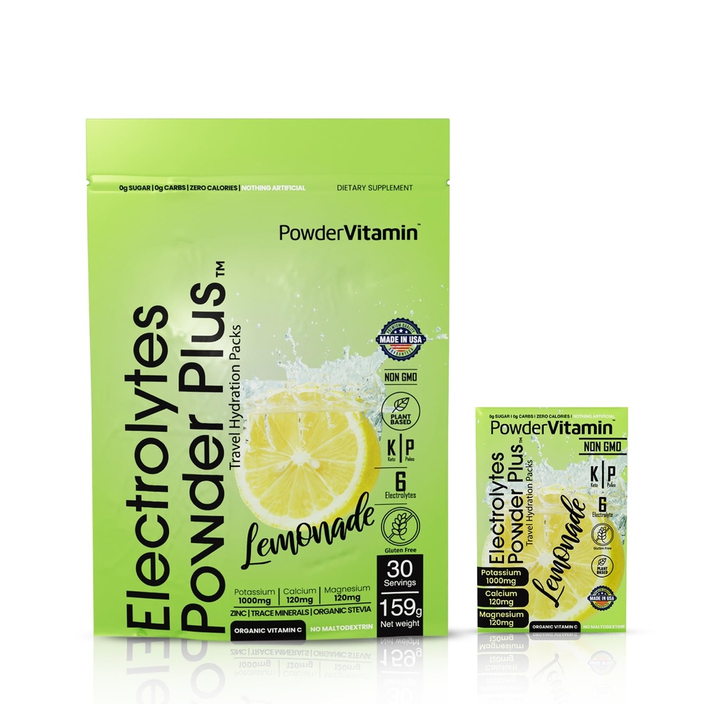 PowderVitamin Elektrolytes Powder Plus, Keto, Lemonade, Zero Sugar, 1000 mg Kalium, 120 mg Kalsium, 120 mg Magnesium, Ei-GMO, Zero Calories, 30 Hydraation Packets
