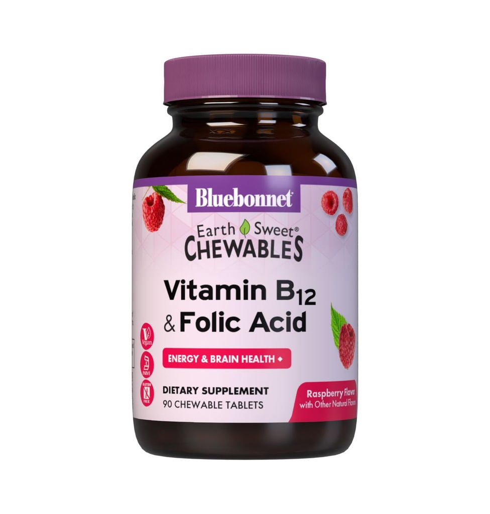 BlueBonnet Nutrition Earth Makea B12-vitamiini & Foolihappo Purutabletti, soijaton, gluteeniton, vadelma 90-asteinen (Pack of 1)