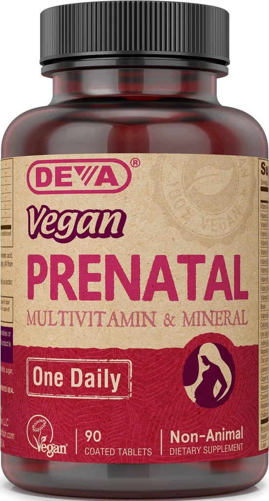 DEVA-vegan prenataalinen monivitamiini- ja mineraalilisä - kerran päivässä Formula - vitamiinit A, C, D, E, K, B Complex, Folaatti & kelaattirauta - 90 päällystetty tabletti, 1-pakkaus