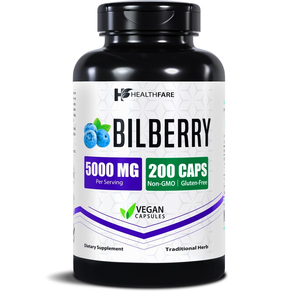 Healthfare Bilberry Supplement for Eyes | 5000mg Extract | Vision & Eye Health Support | Antioxidant Support | 200 Vegan kapslar | Extra styrka | Non-GMO, Gluten-Free | Made in USA