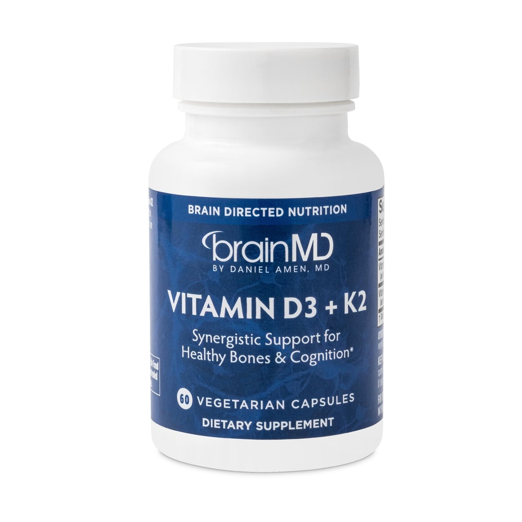 BRAINMD Vitamin D3 + K2-60 kapslar - Synergistiskt stöd för hälsosamma ben och kognition - Glutenfri - 60 portioner