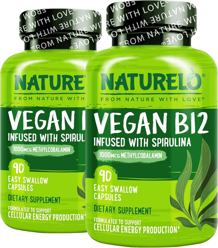 NATURALLO Vegaani B12 - Metyyli B12 -voide B12 1000 mikrog metyylikobalamiini - tukee tervettä mielialaa, energiaa, sydämen ja silmien terveyttä - 90 kapselia (pakkaus 2)