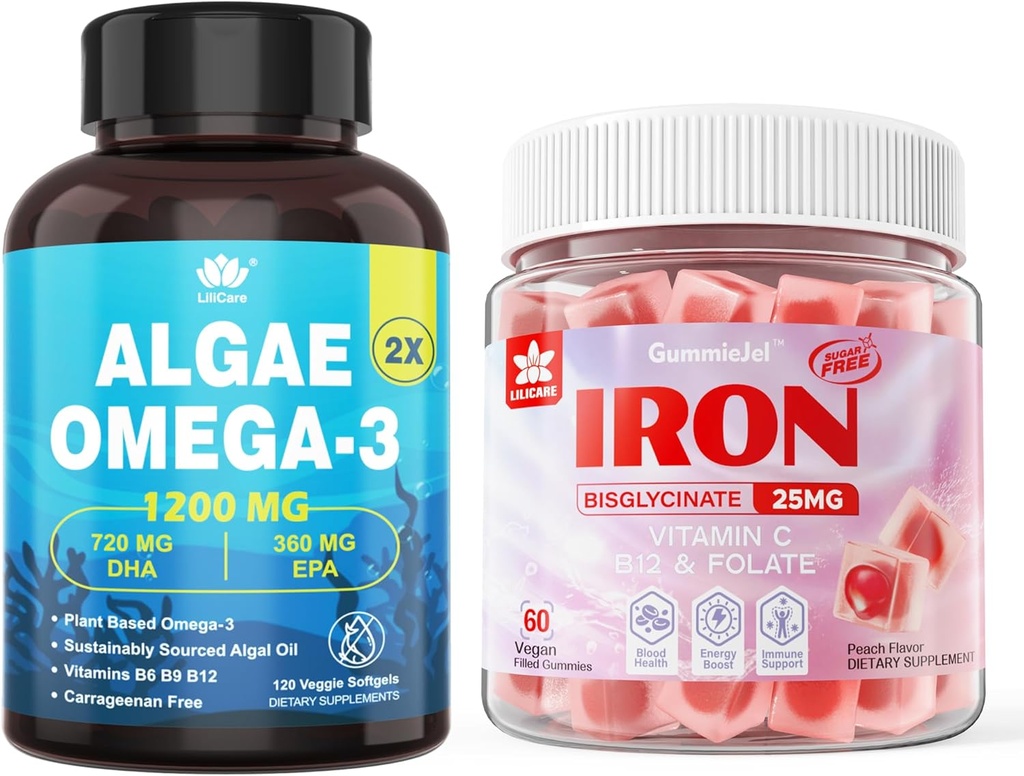 Vegan Iron Gummies & Plant-Based Algae Omega 3 1200mg täydennysosa