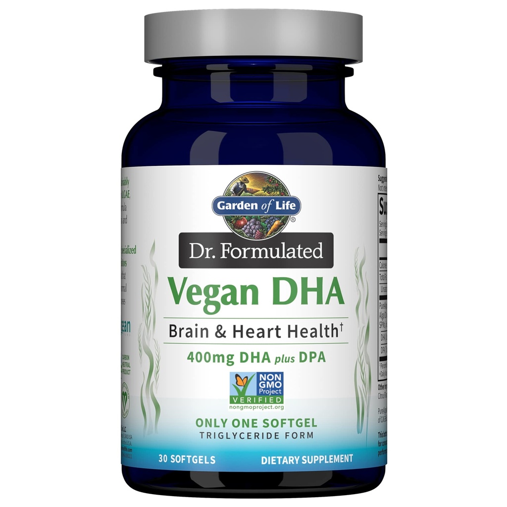 Puutarha Life Omega 3 Vegan DHA täydentää Dr. Formulated Vegan DHA, 400 mg DHA & 90mg DPA Triglyseride Form peräisin yhden lähdekoodin, Omega 3 täydentää naisten ja miesten terveys, 30 Softgels