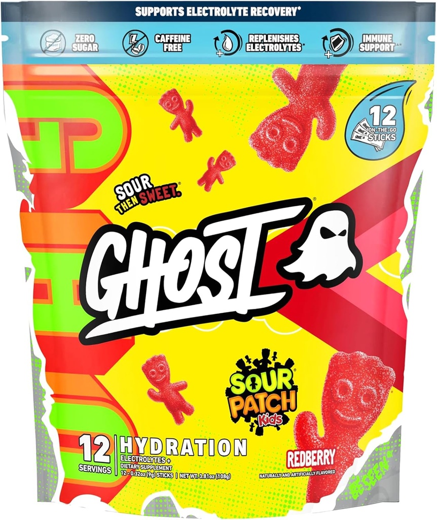 GHOST Hydration Packets, Sour Patch Kids Redberry, 12 Sticks, Electrolyte Powder - Drink Mix täydennysosa magnesium, kalium, kalsium, C-vitamiini - Vegaani, vapaa soija, sokeri & Gluteeni