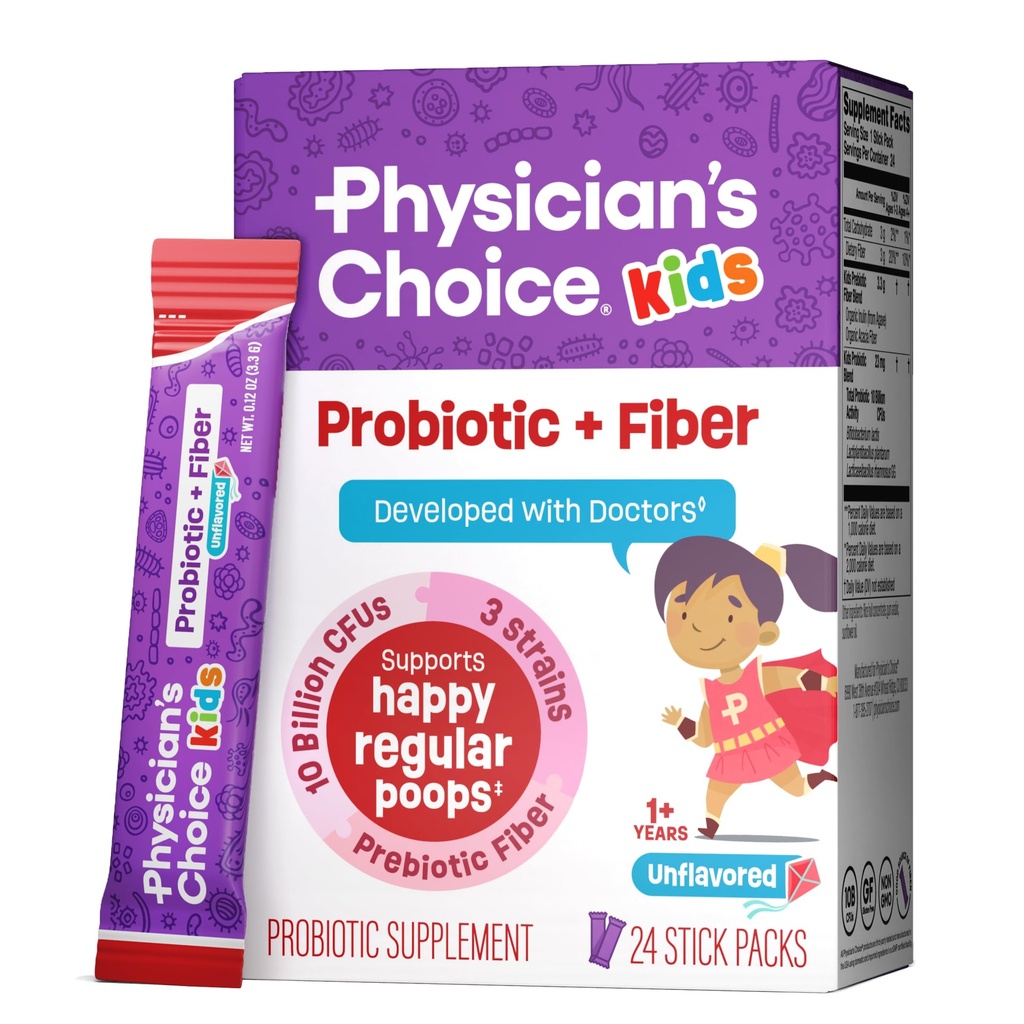 Lääkärin valinta Lapset Probiootti + Prebiootti Fiber Packets (Ages 1+) - Tukee Säännöllisyys, Satunnainen Ummetus ja Terve Ruoansulatuselimistö - Ei allergeenit tai säilöntäaineet - Ei makua - 24 pakkaus