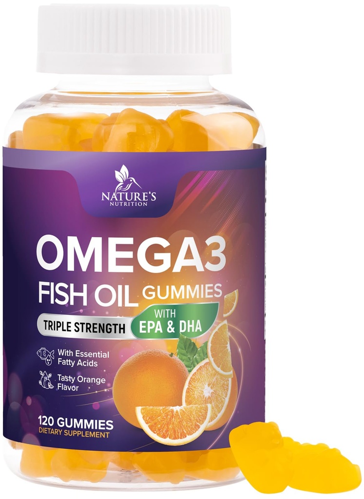 Omega 3 Fish Oil Gummies - 3X Strength Heart Health Support - Korkea Imeytyminen Omega 3 Fish Oil Gummy Supplement DHA & EPA - Joint & Brain Support aikuisille - maukas Orange Flavor - 120 Gummies