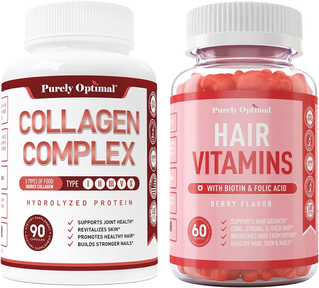 Puhtaasti optimaaliset Premium Multi Collagen Peptides -kapselit (tyypit I, II, III, V, X) + Premium-hiusvitamiinit lisäravinteet w/biotiini, foolihappo, A- ja D-vitamiinit