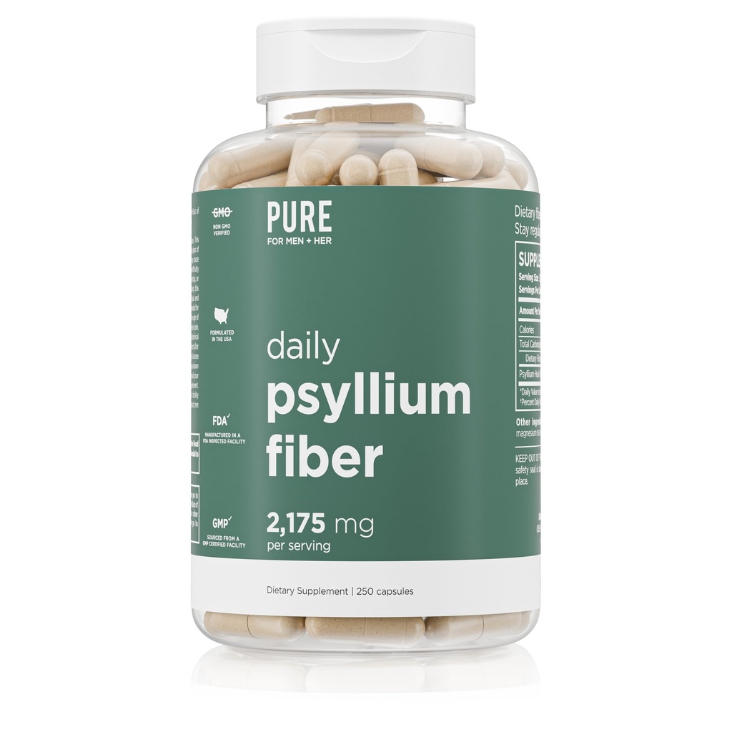Rena för Män Daily Psyllium Husk Fiber Supplement Pure för henne | Digestive Regularity & Gut Health Support | Löslig Fiber Pulver, 2,175mg Per Servering | 250 kapslar