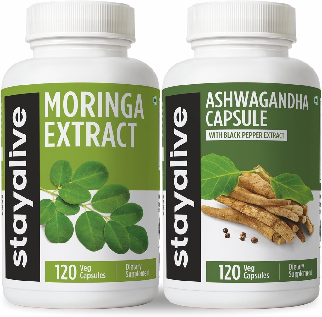 STAY ALIVE Moringa och Ashwagandha Bundle w / Black Pepper Extract, 240 Vegan Pills, Non-GMO & Gluten Free Ashwagandha Moringa Supplement 2 Pack