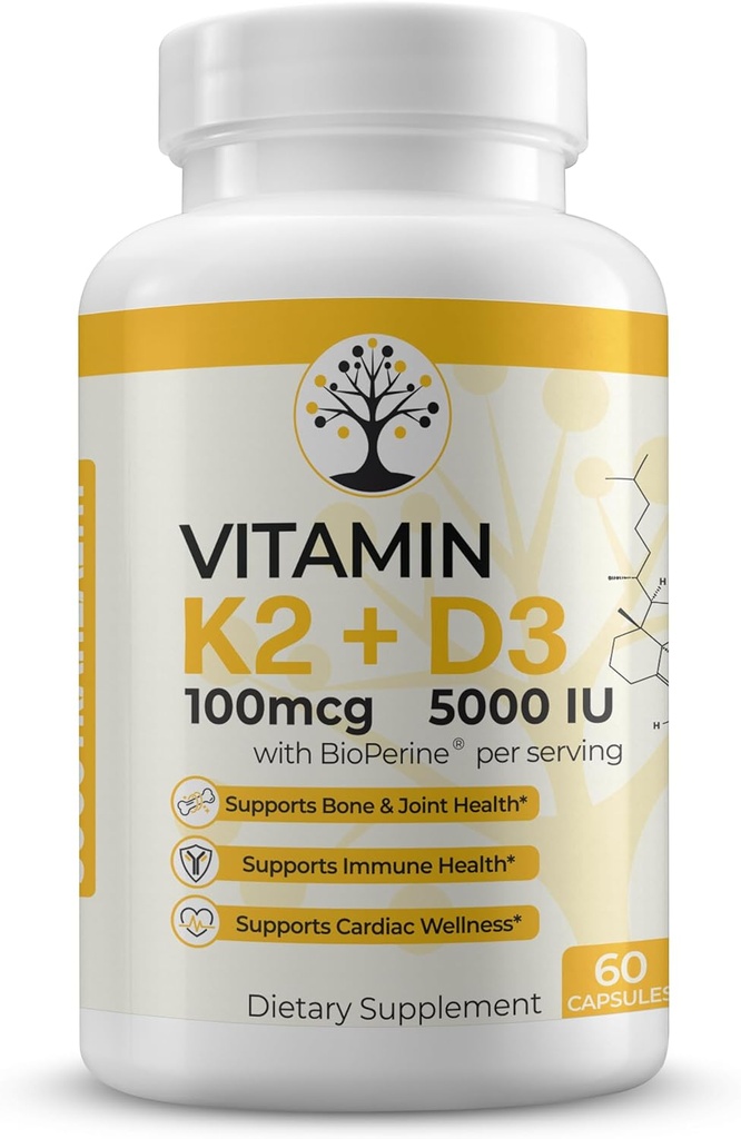 D3-vitamiinin K2-lisä, 5000 IU - tukee immuuni- ja sydänhyvinvointia, korkeaa tehoa, gluteeniton, 60 kapselia