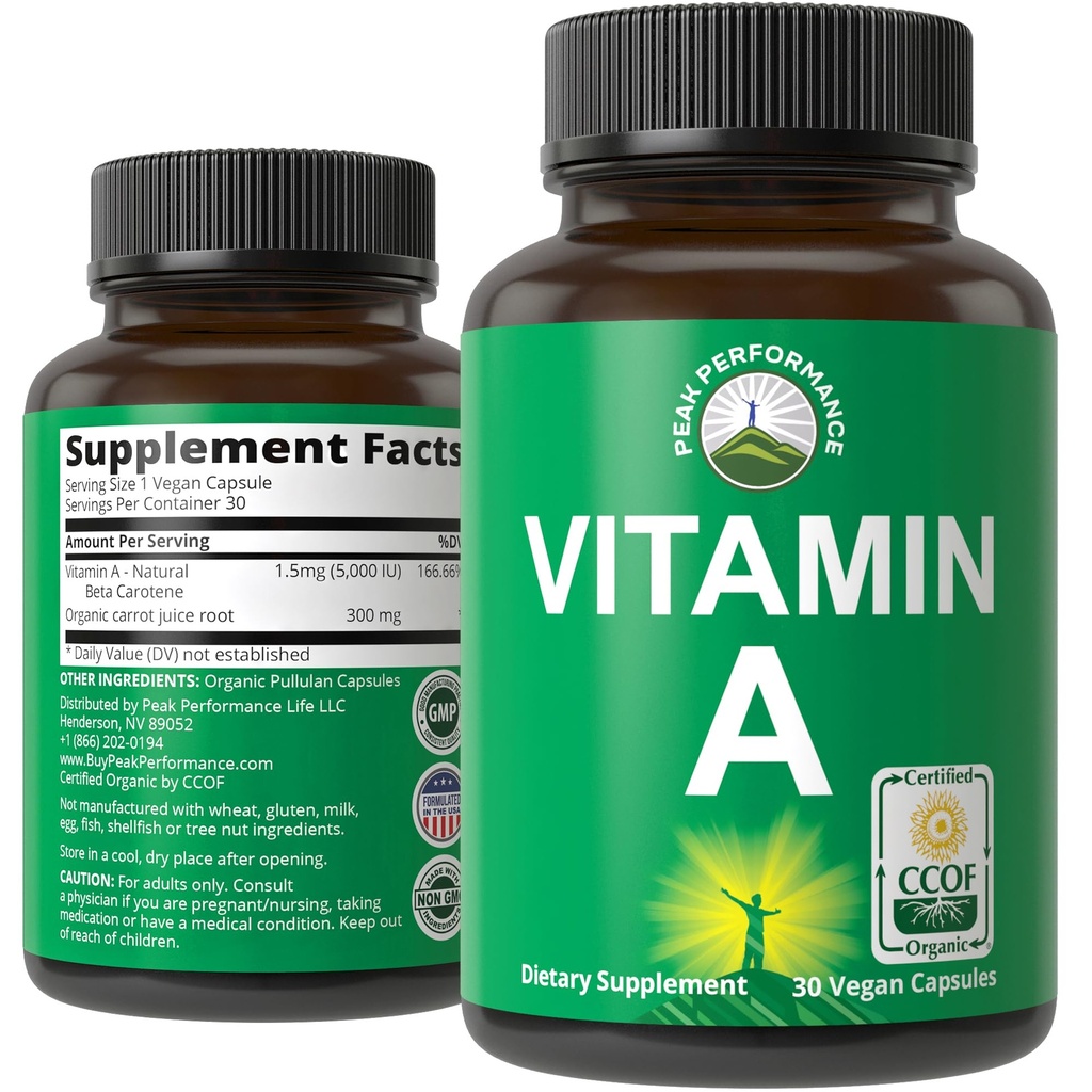 Certified Organic Vitamiini A 5000 IU Supplement Kapselit High Potency Vitamiinit. aikuisille, miehille, naisille, lapsille. Valmistettu luomuporkkanamehulla. Immuuni, iho, silmien tuki. Ei GMO, vegaaniset pillerit