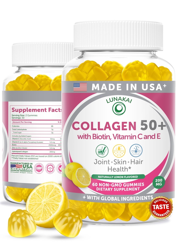 Lunakai USA Made Collagen Gummies for Women & Men Yli 50, Biotiini & C-vitamiini, tukee ihon Elastisuus, Hiusten ja kynsien vahvuus, Joint Support, 60ct