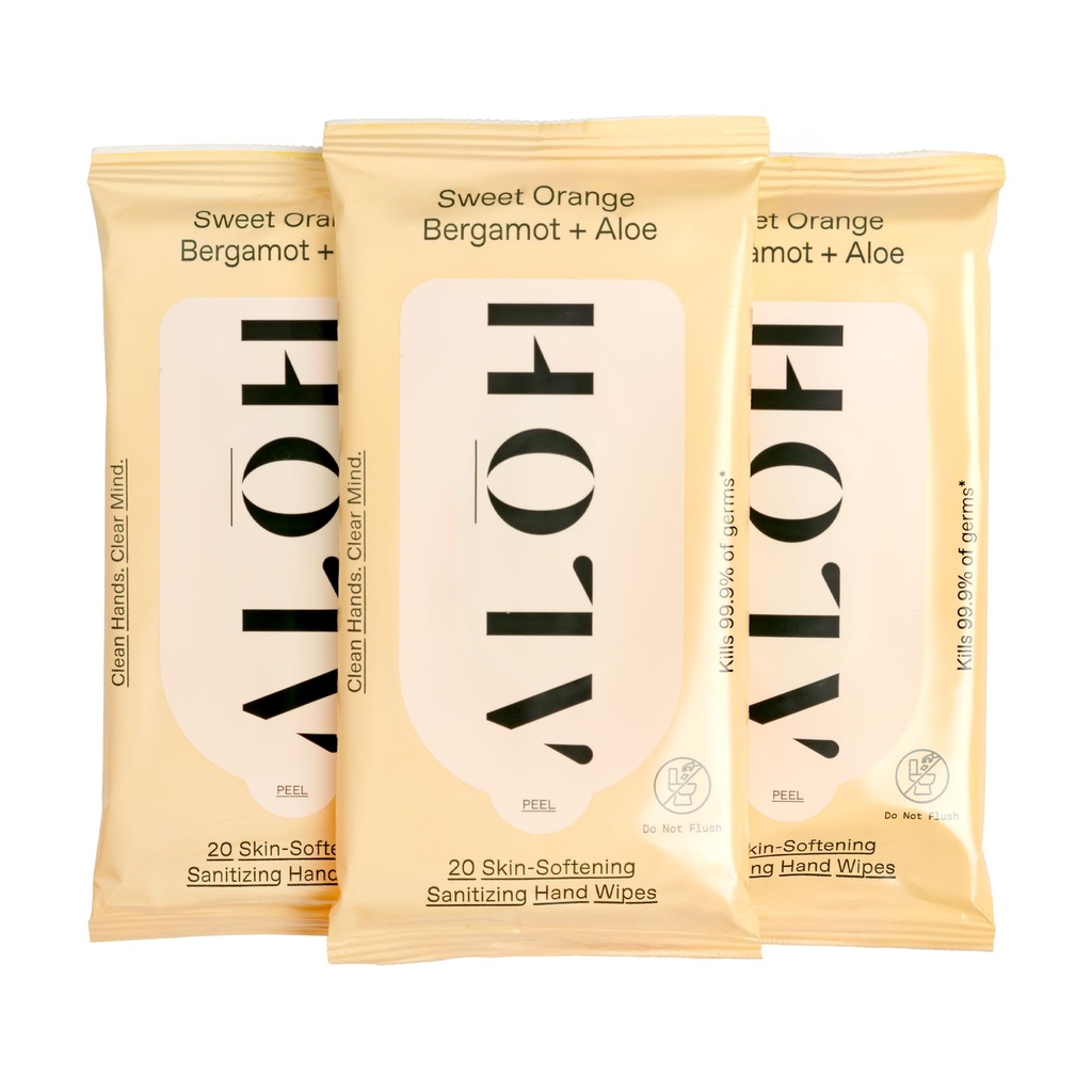 ALōH Sweet Orange Bergamot + Aloe Sanitizing Hand Wipes - Clean Hands, Clear Mind - On The Go Hand Sanitizing Wipes för barn och vuxna - Travel Size 3 Pack 20ct Wipes (60 wipes)