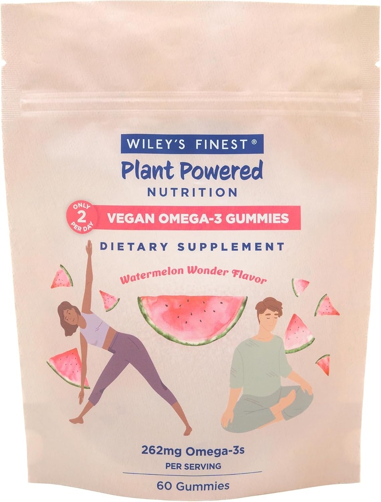 Wiley's Finest Vegan Omega-3 Gummies - Natural Sugar - Kasvissyöjä Dha, Ala & Sda - Gluteeniton - Vesimeloni maku, 60 Gummies