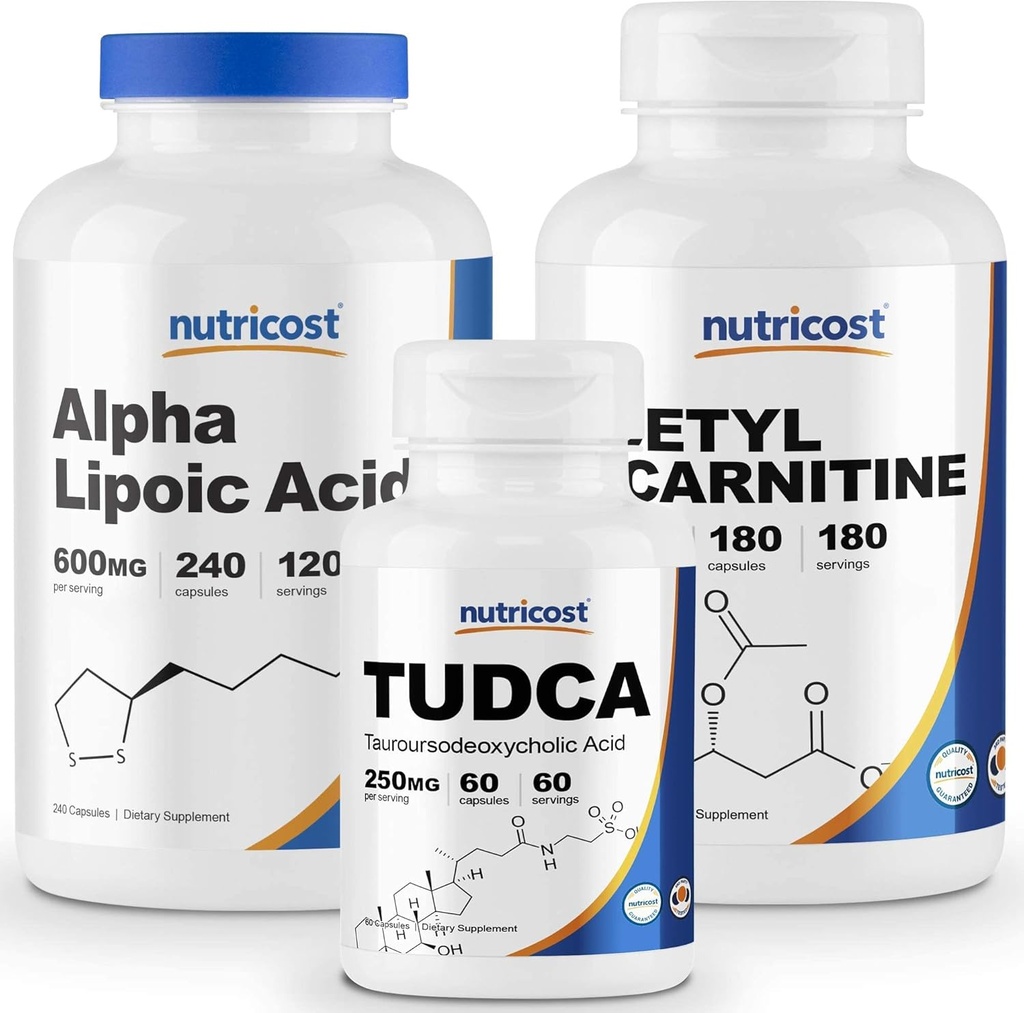 Nutricost Alpha Lipoic Acid 600 mg, 240 Caps & Tudca 250 mg, 60 Caps & Acetyl L-karnitiini 500 mg, 180 Caps
