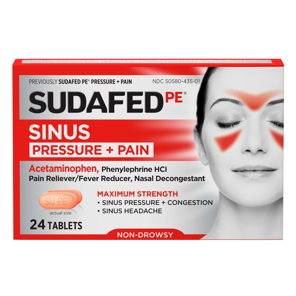 Sudafed PE Sinus Pressure + Pain Relief Tablets, Maximum Strength, Ei- Drowsy, OTC Sinus Relief Medicine acetaminophen Pain Reliever & Fenylephriini HCl Nasal Decongest, 24 lla