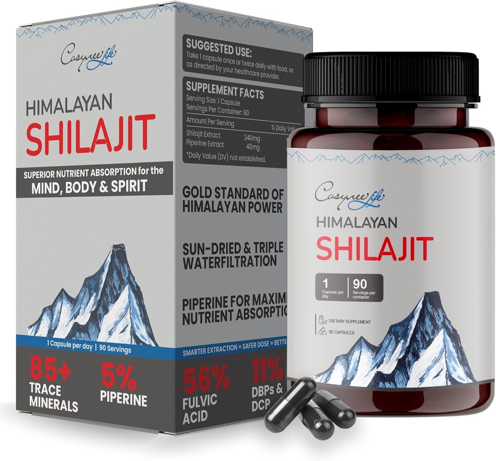 cosynee Himalayan Shilajit - Shilajit Capsules, Shilajit för män, Shilajit för kvinnor, 56% Fulvic Acid & 5% Piperine, 90 Caps