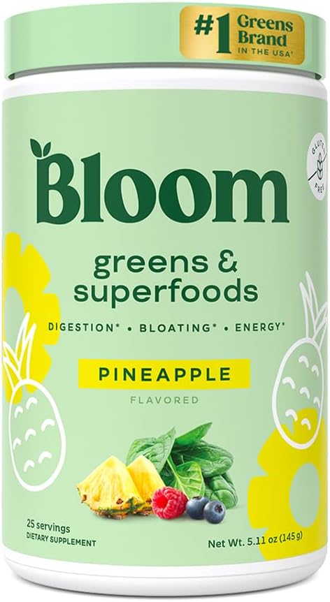 Bloom Nutrition Superfood Greens Powder, Digestive Enzymes med probiotika och prebiotika, Gut Health, Bloating Relief för kvinnor, Chlorella, Green Juice Mix med Beet Root Powder, 25 SVG, Pineapple