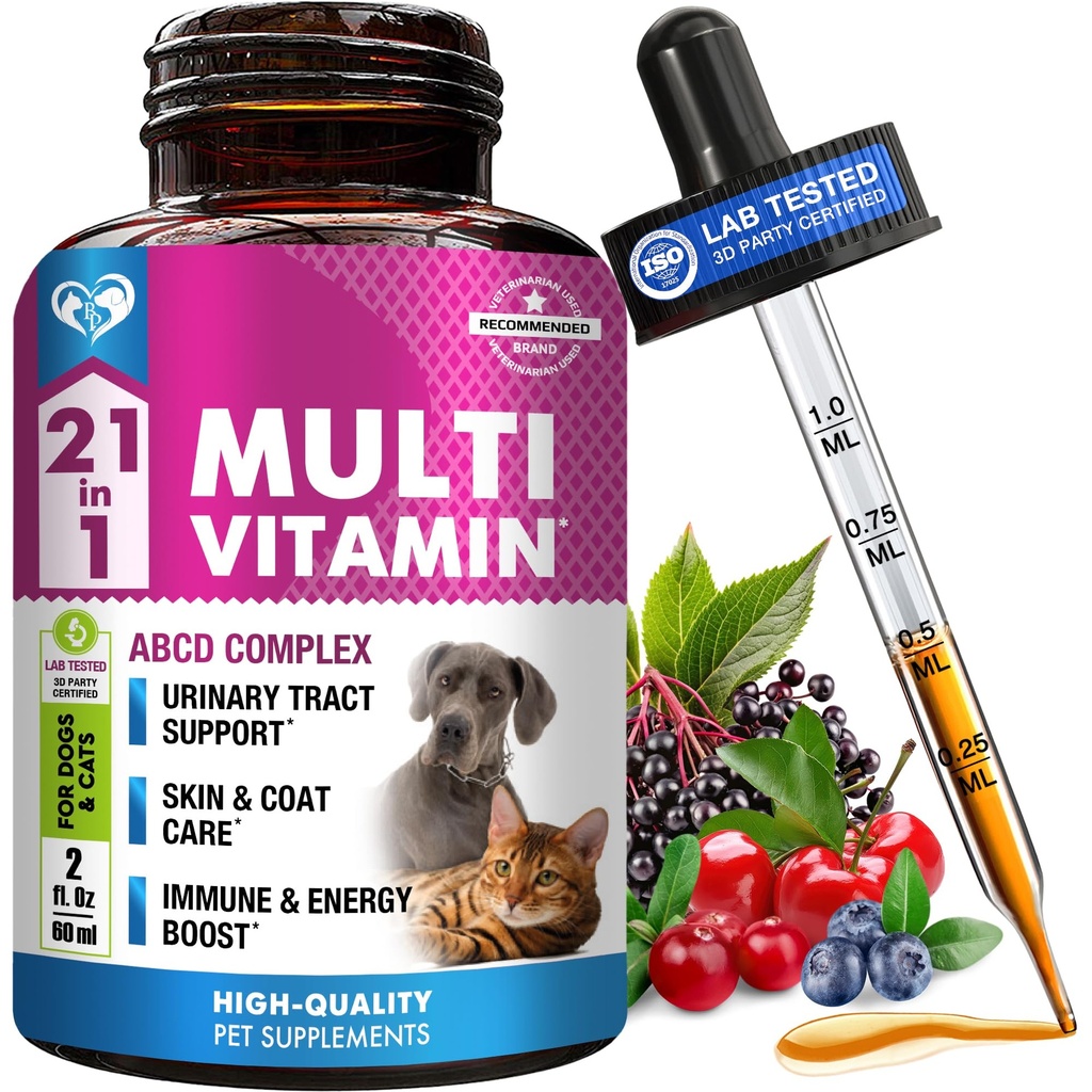 Cat & Dog Multivitamin Liquid med Glucosamine & Cranberry | 15 i 1 Health Supplements for Urinary Tract Kidney, Bladder, Hip & Joint, Skin & Coat | Natural UTI Medicine Made in USA (60 ml)