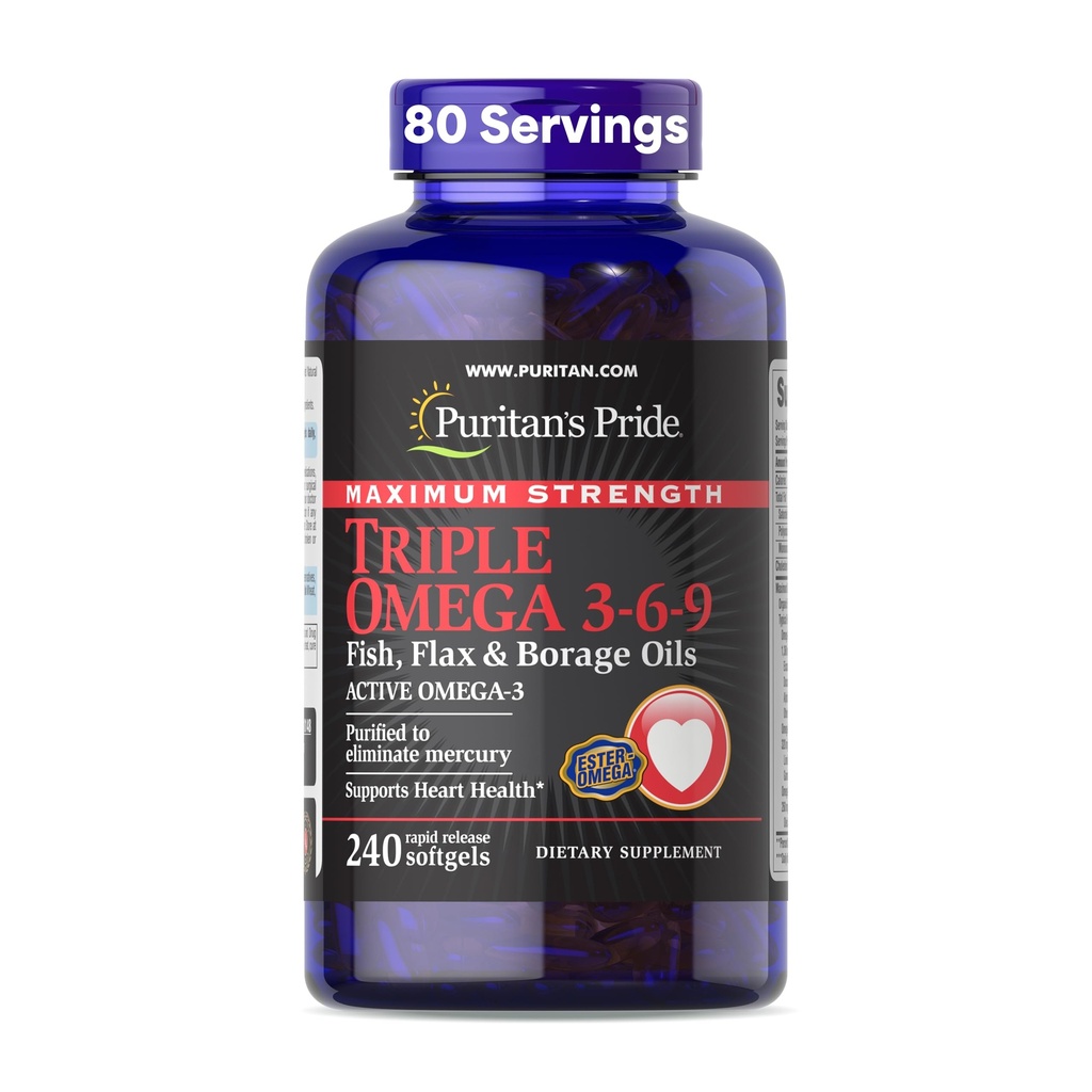 Puritans Pride Premium Maximum Strength Triple Active Omega 3-6-9 Fisk, Flax och Borage Oils, Kosttillskott för Hjärta, Gemensamt och Cellulärt Hälsostöd, 240 Snabb Release Softgels